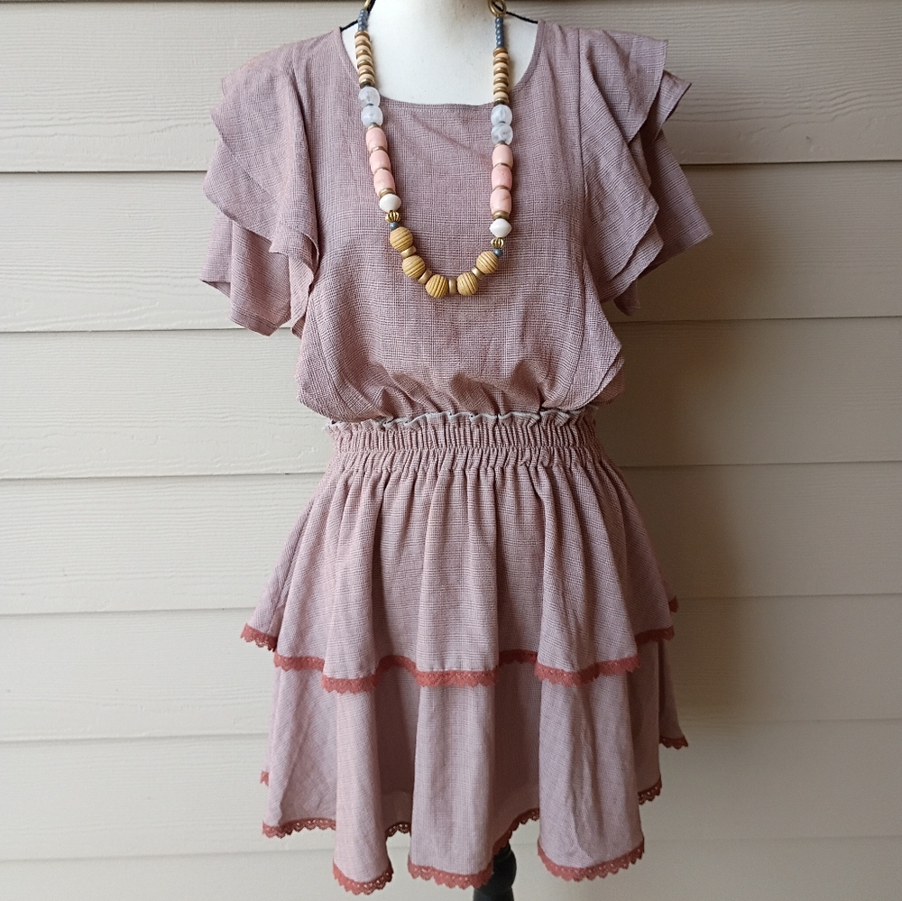 Shabby Chic Brown Taupe Gingham Print Ruffled Cottagecore Georgia Dress Size M